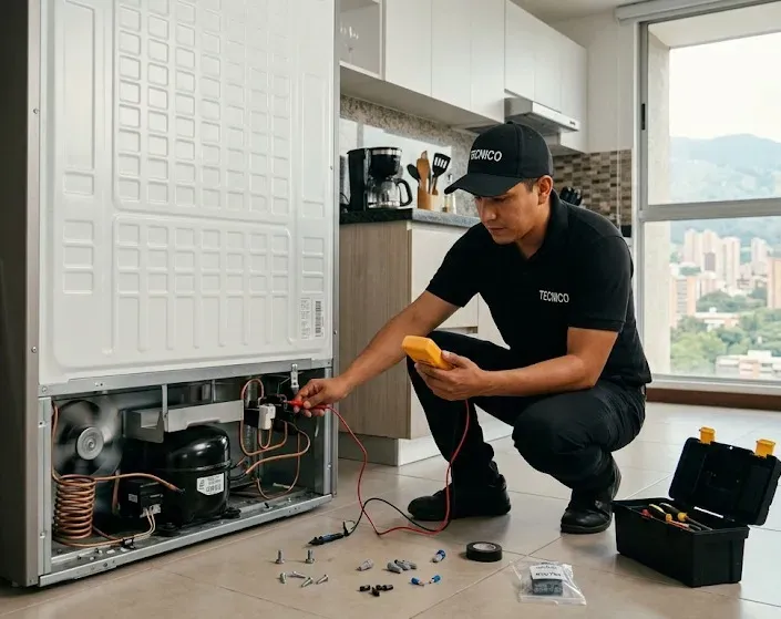 Técnico de electrodomésticos atendiendo un domicilio en Bello