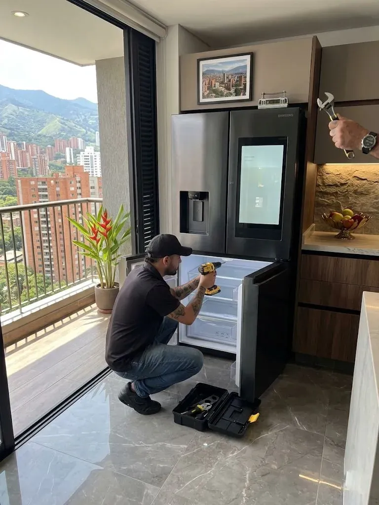 Técnico de electrodomésticos atendiendo un domicilio en Envigado