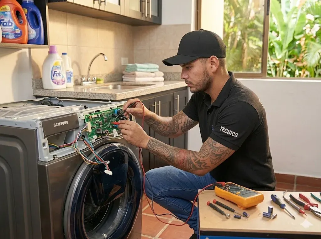 Técnico revisando el panel de una lavadora LG