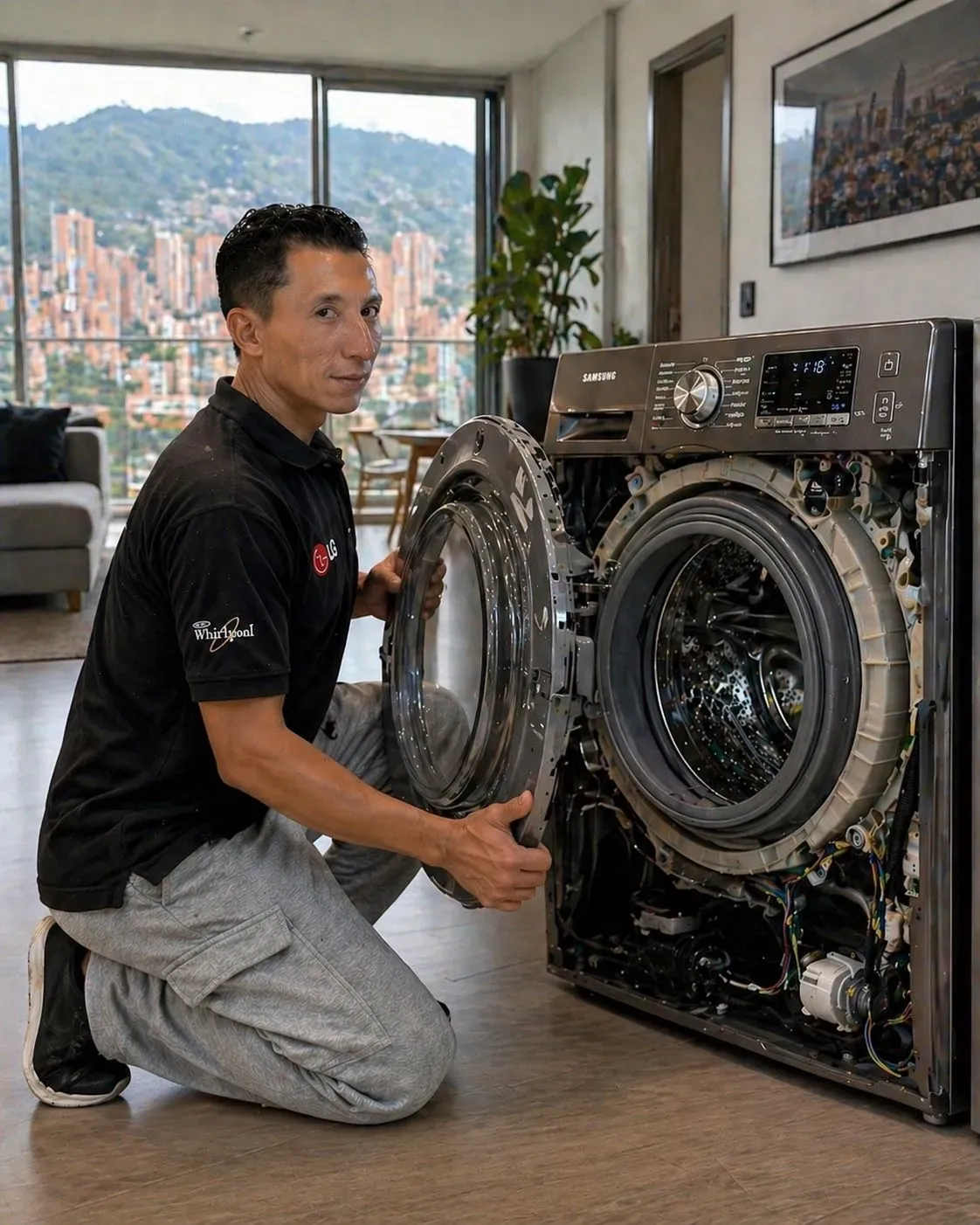 Técnico revisando la bomba de desagüe de una lavadora