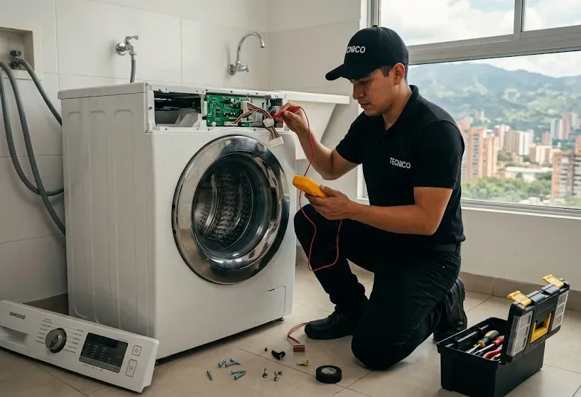 Técnico revisando la conexión eléctrica de una lavadora
