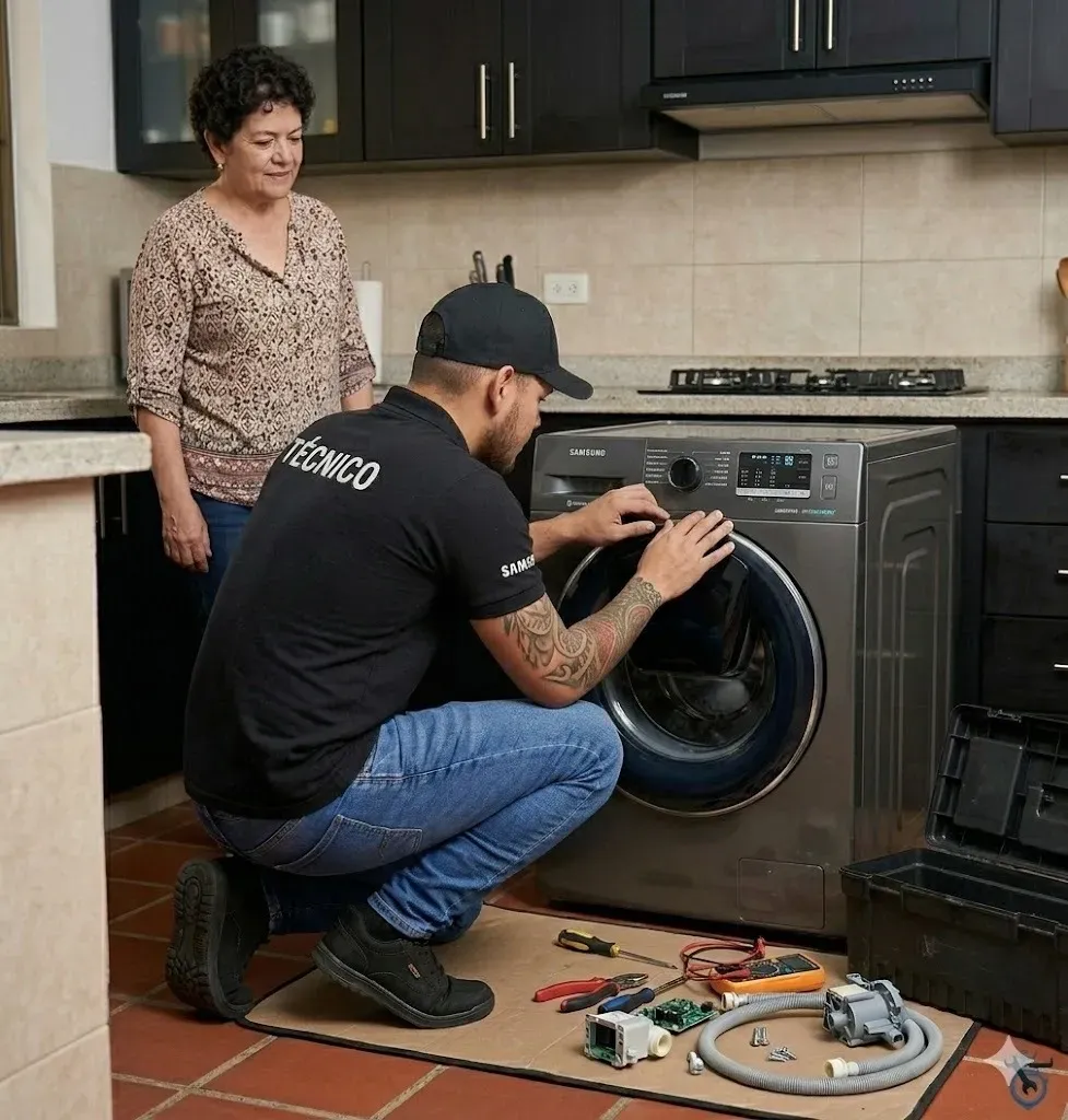 Técnico haciendo mantenimiento a una lavadora