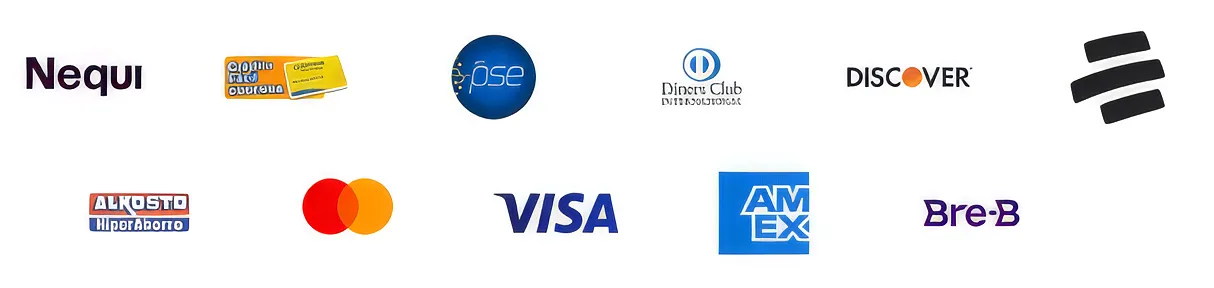 Medios de pago aceptados: Nequi, PSE, Diners Club, Discover, Mastercard, Visa, American Express, Bre-B y más