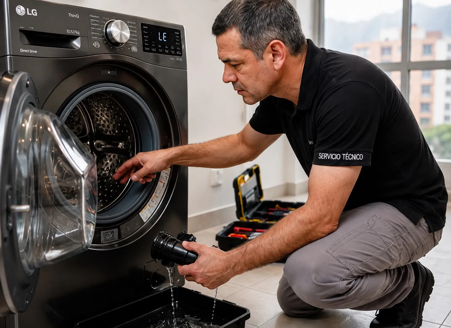 Técnico drenando la bomba de una lavadora LG en Medellín