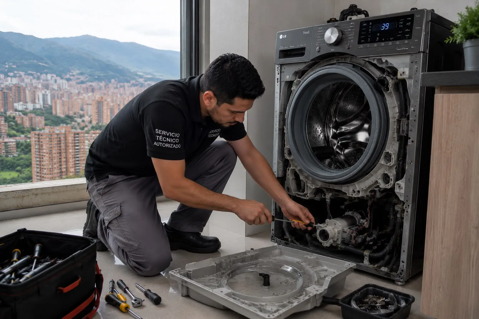 Técnico haciendo mantenimiento al motor de una lavadora LG en Medellín
