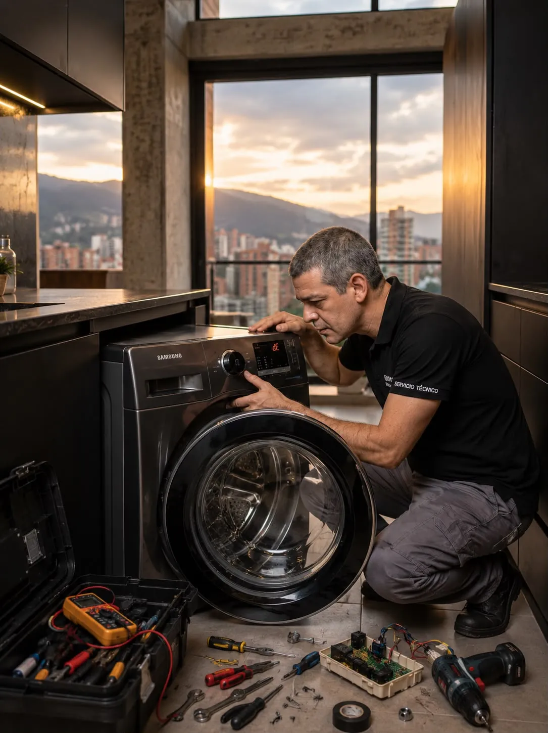 Técnico revisando una lavadora Samsung en un apartamento de Medellín