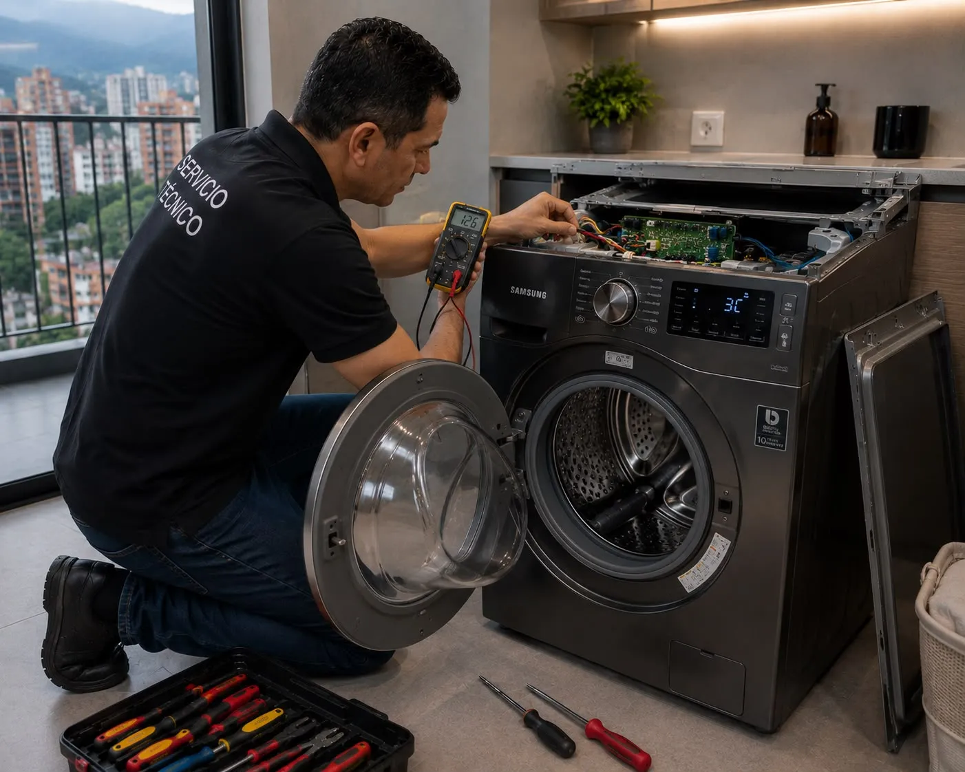 Técnico revisando la tarjeta electrónica de una lavadora Samsung en Medellín