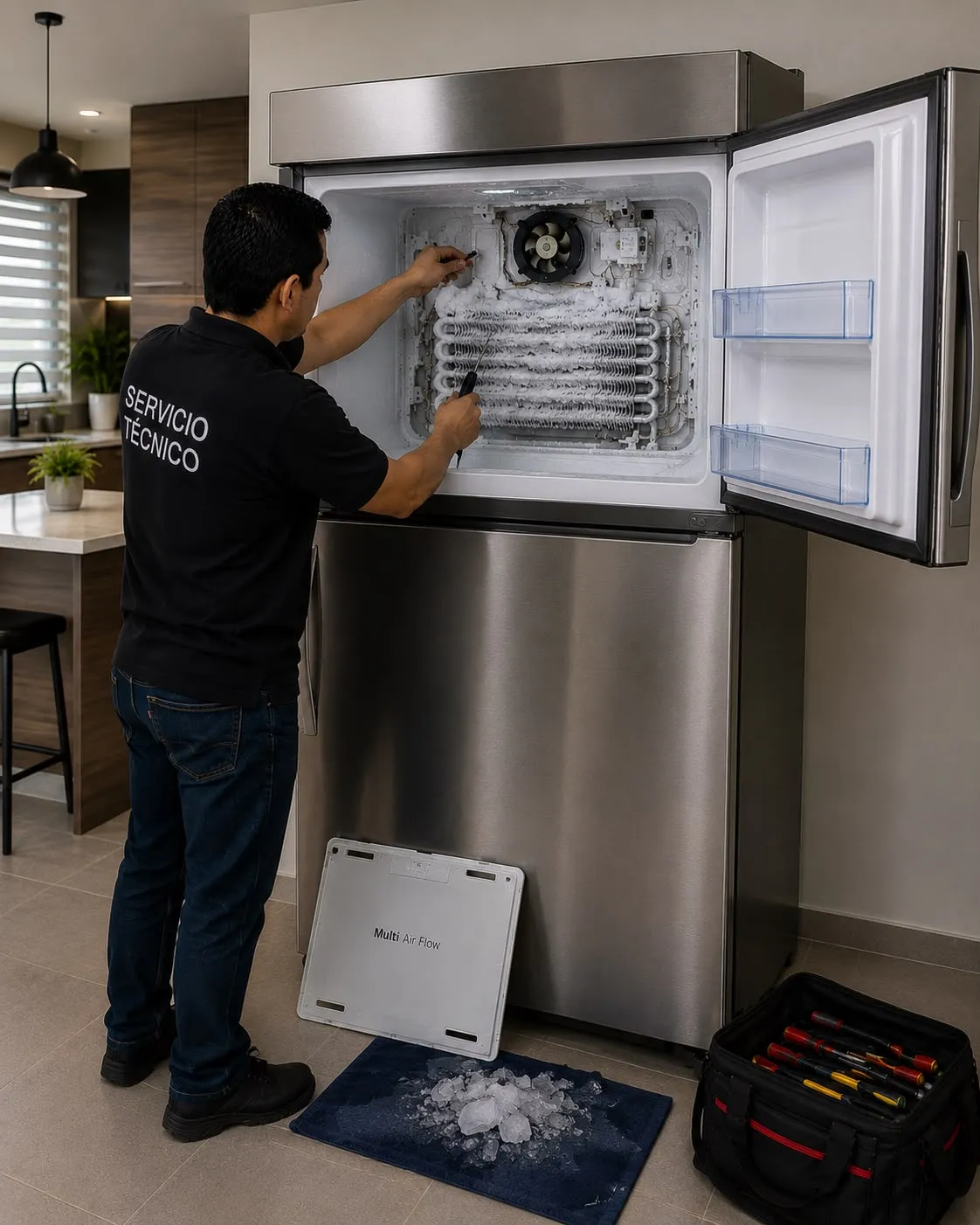 Técnico instalando el panel del sistema de frío en el congelador de una nevera