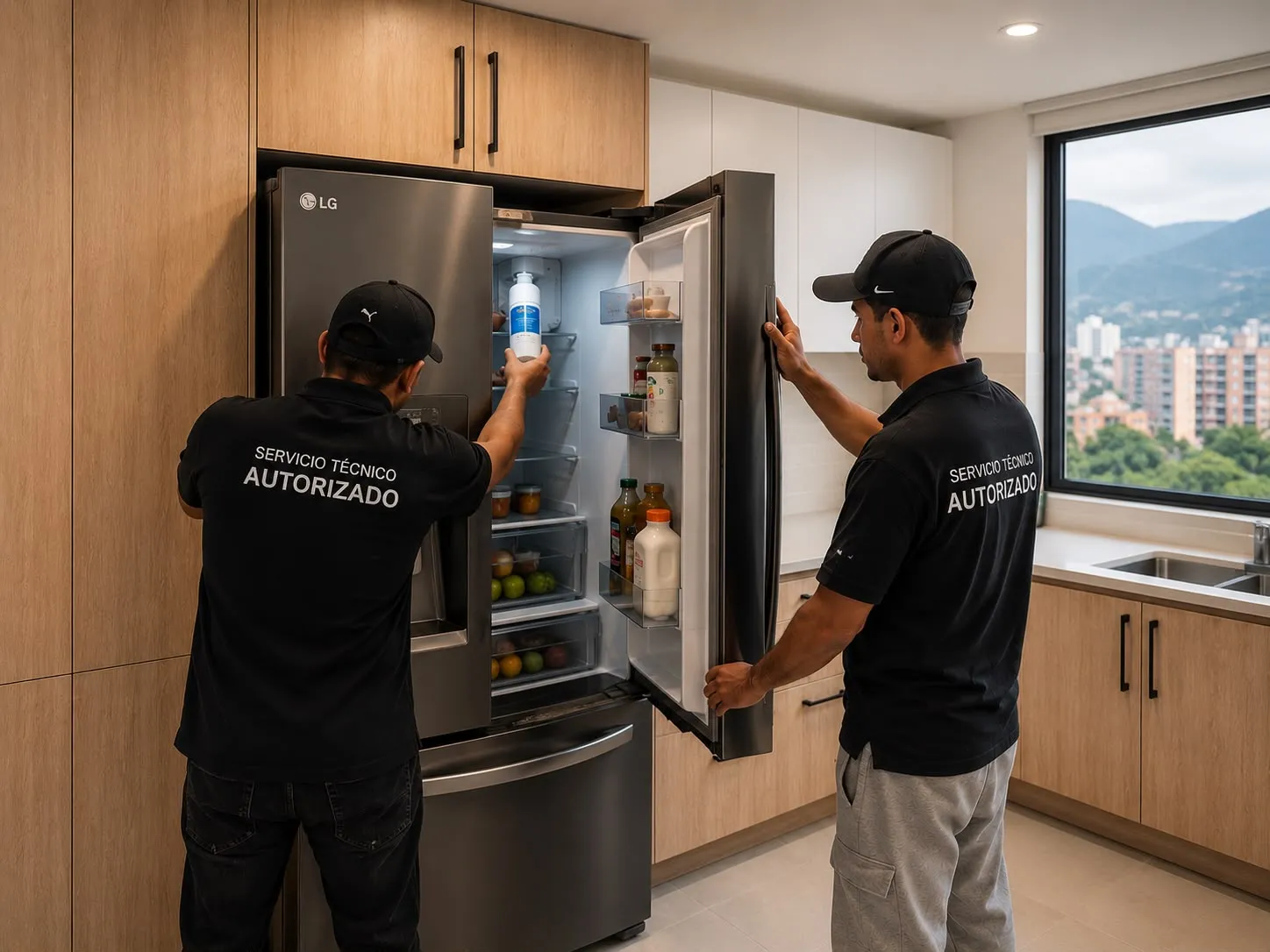 Dos técnicos revisando una nevera LG de puerta francesa en Medellín