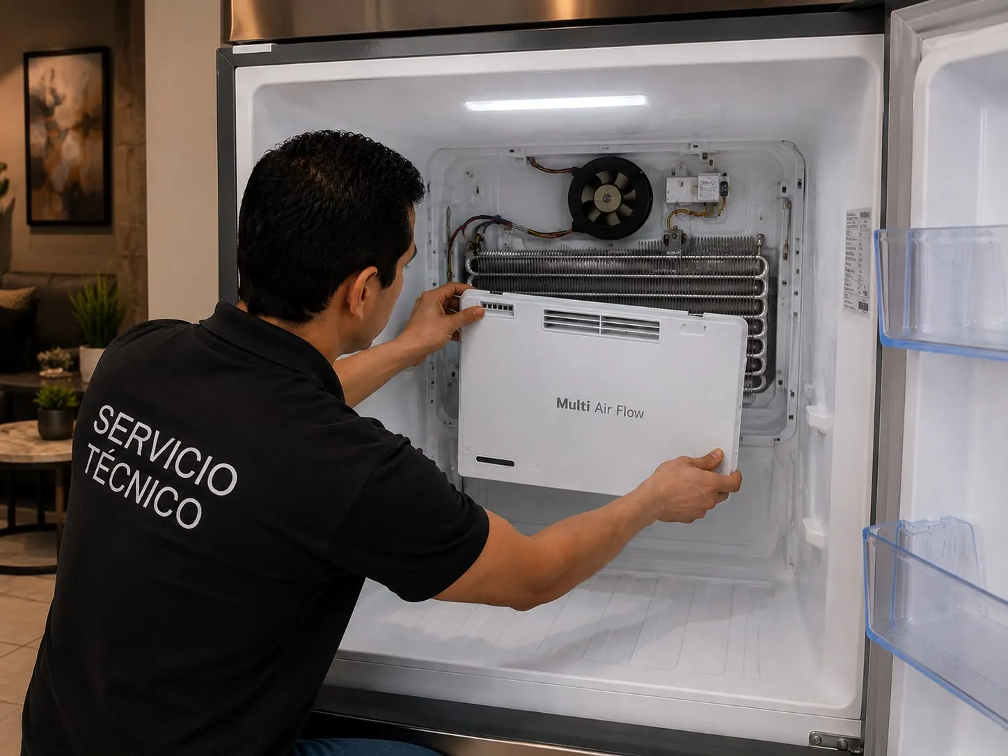 Técnico haciendo mantenimiento preventivo al congelador de una nevera en Medellín