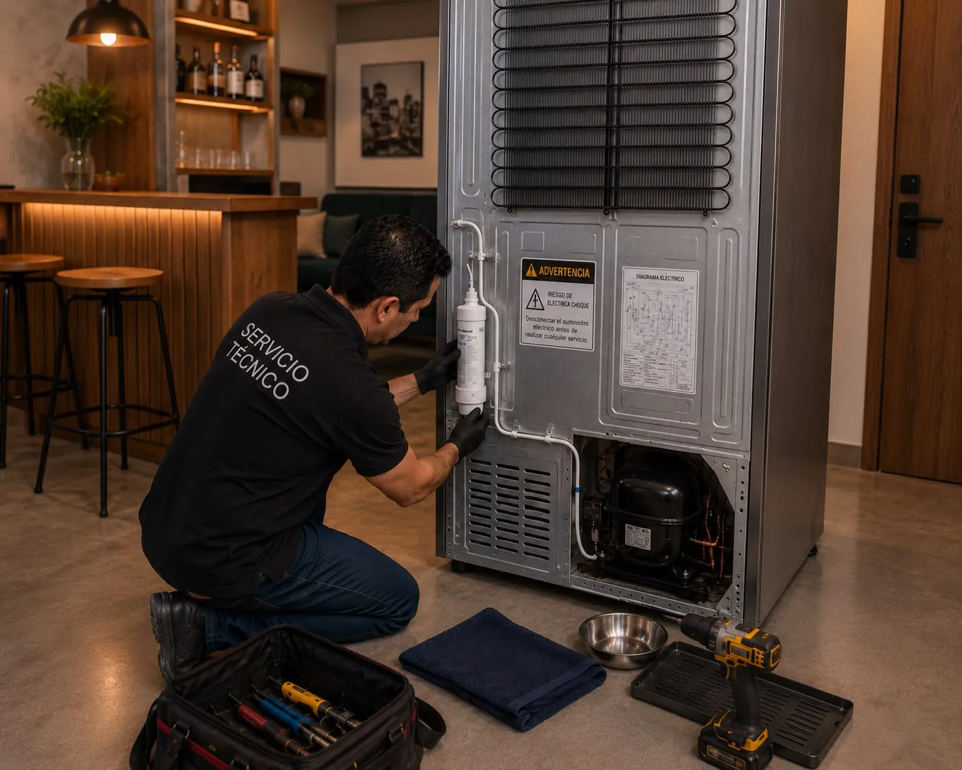 Técnico revisando el compresor de una nevera por la parte trasera en Medellín