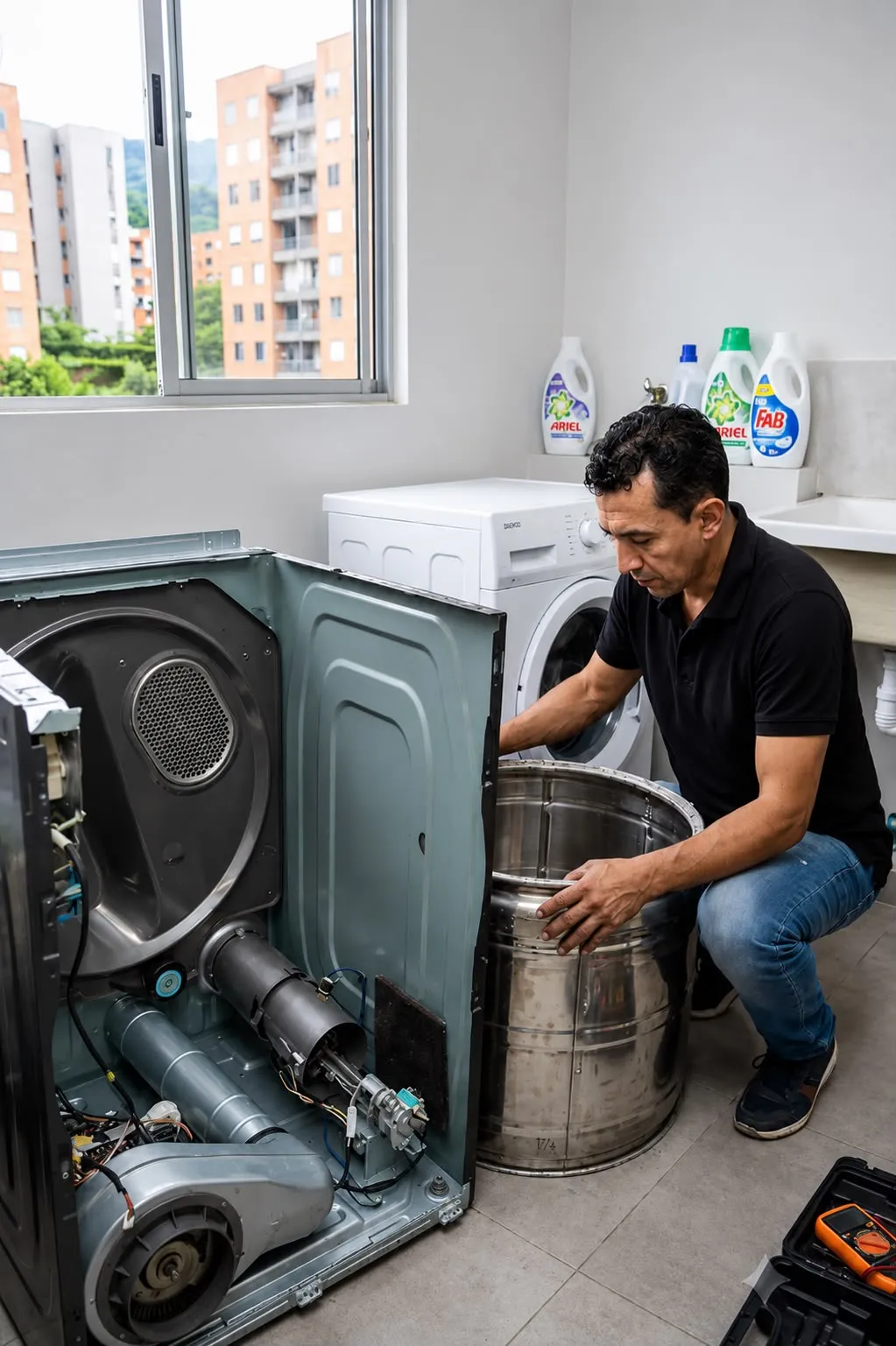 Técnico reparando una secadora con el tambor desmontado en Medellín