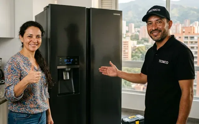 Técnico reparando una nevera en Medellín