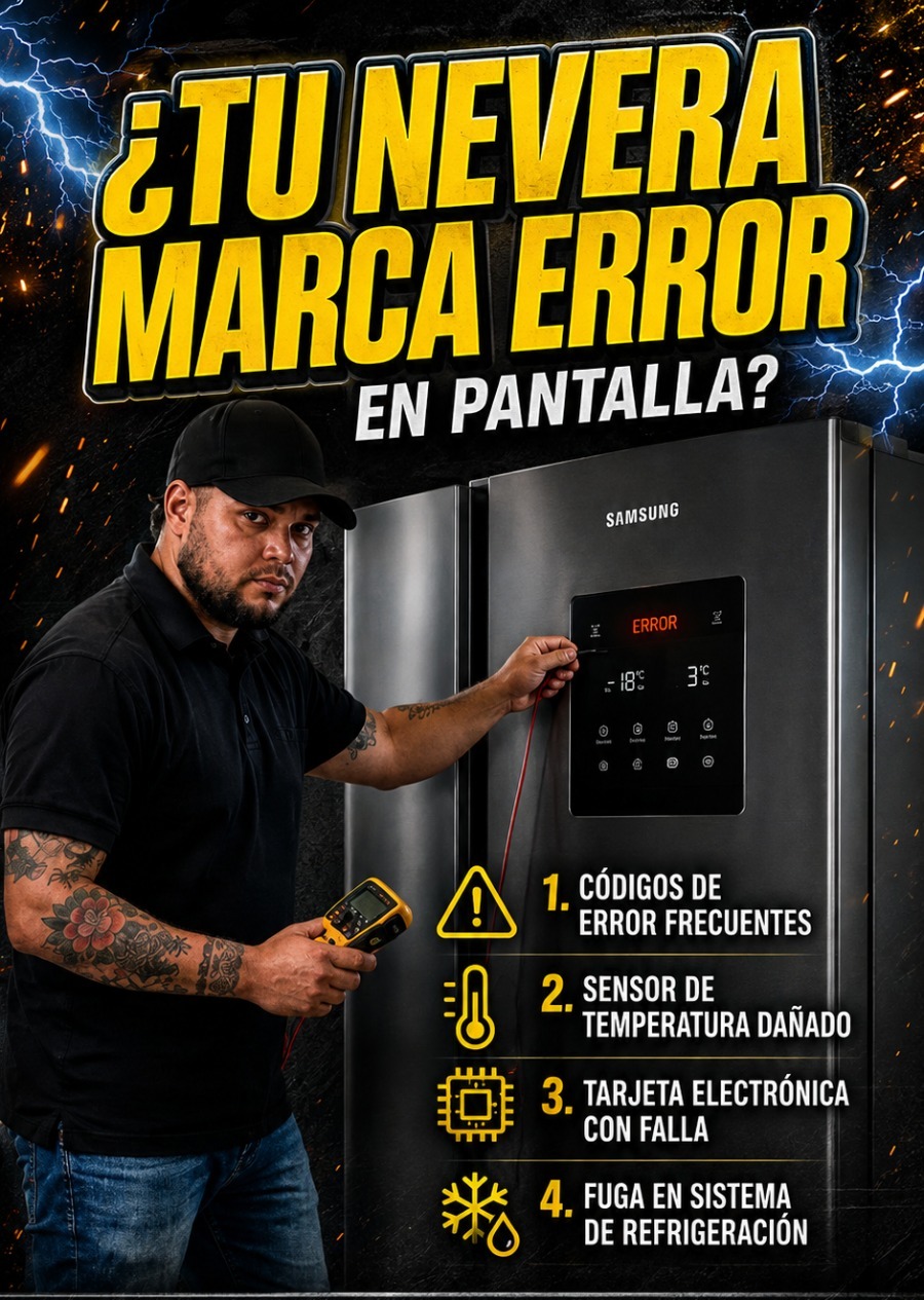 Técnico revisando el panel de error de una nevera Samsung en Medellín